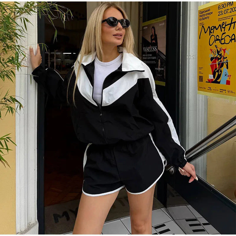 Color Block Zip Up Tracksuit With High Waist Shorts For Women