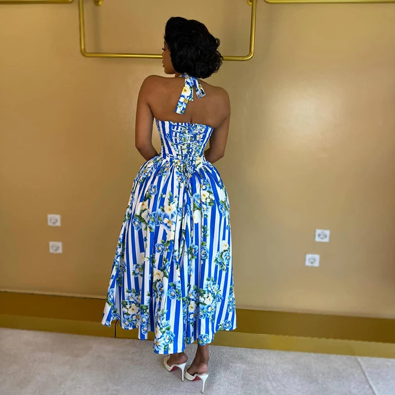 Women Elegant Backless Waist Vacation Dresses Sweet Style Floral Print Formal Party Dress Sexy Halter Sleeveless Bohe Long Dress