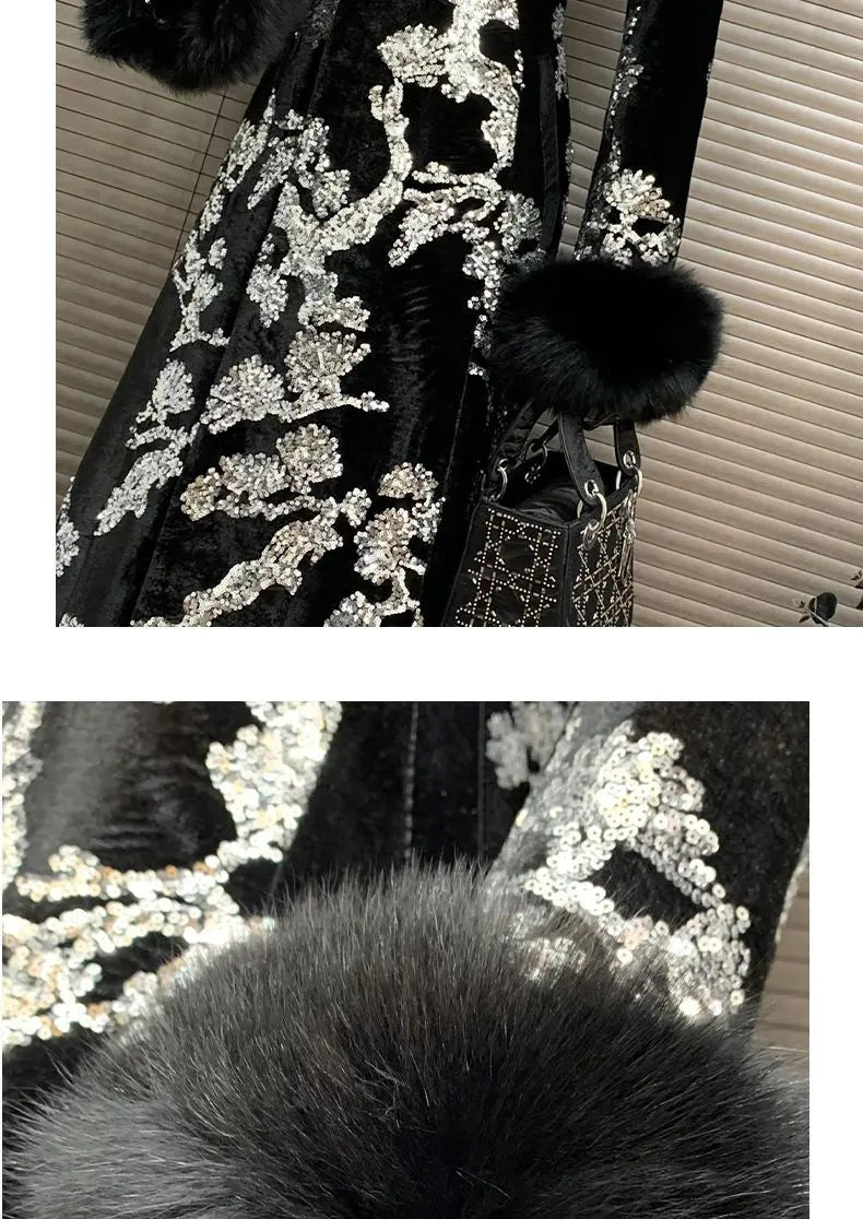Black Velvet Sequins Windbreaker Coat Autumn/Winter New English style Luxury Sequin Embroidered Women's Coat