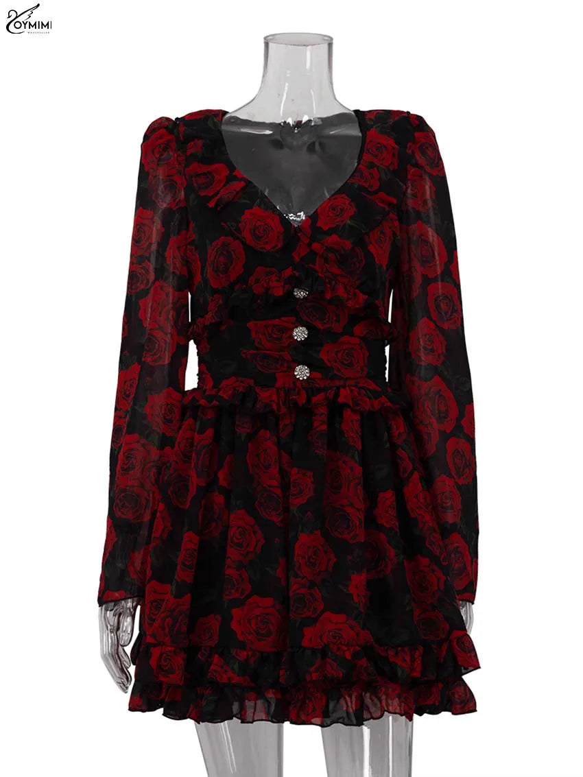 Oymimi Elegant Red Print Womens Dresses Fashion V-Neck Long Sleeve Button Dresses Casual High Waisted Ruffled Mini Dress Female
