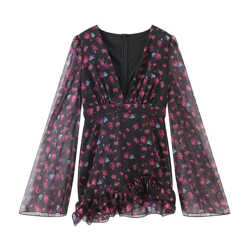 Floral Printed Ruffle Mini Dress with Deep V Neck for Women