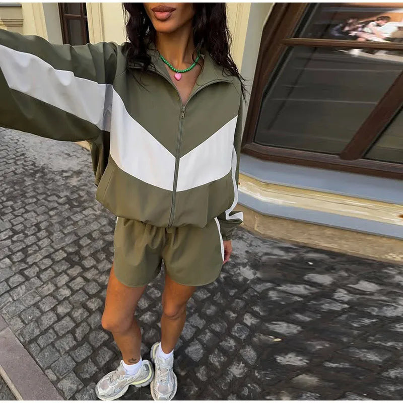 Color Block Zip Jacket and Shorts Tracksuit for Women