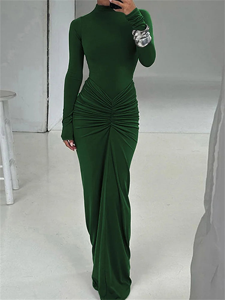 Shirred High Neck Long Sleeve Maxi Dress for Women
