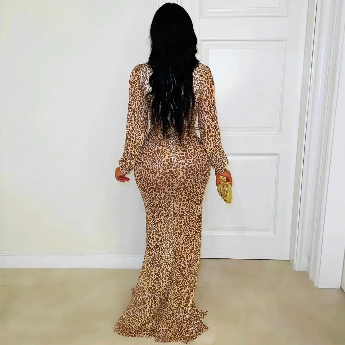 Leopard Print Deep V Neck High Slit Maxi Dress for Women