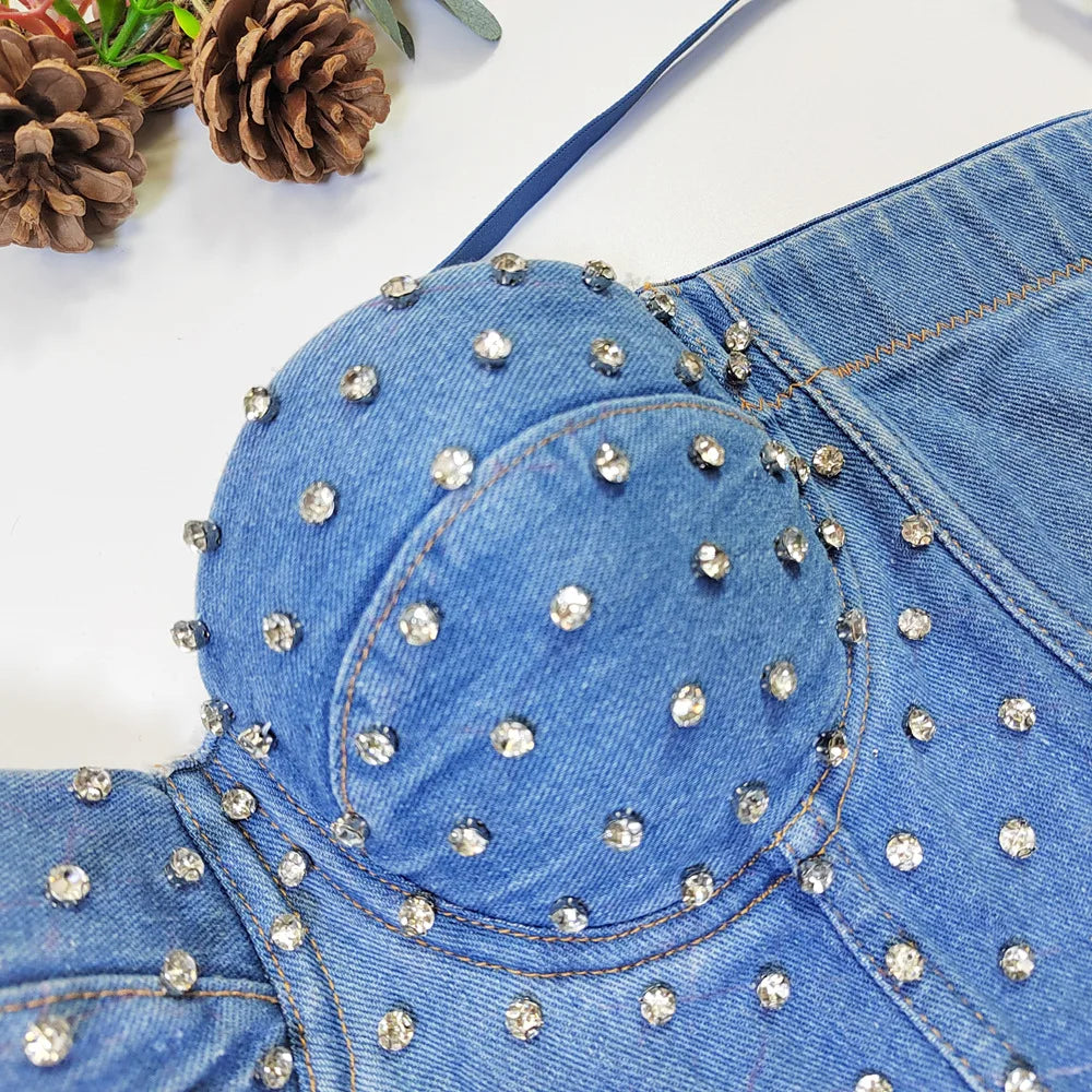Denim Rhinestone Beaded Spaghetti Strap Bustier for Women