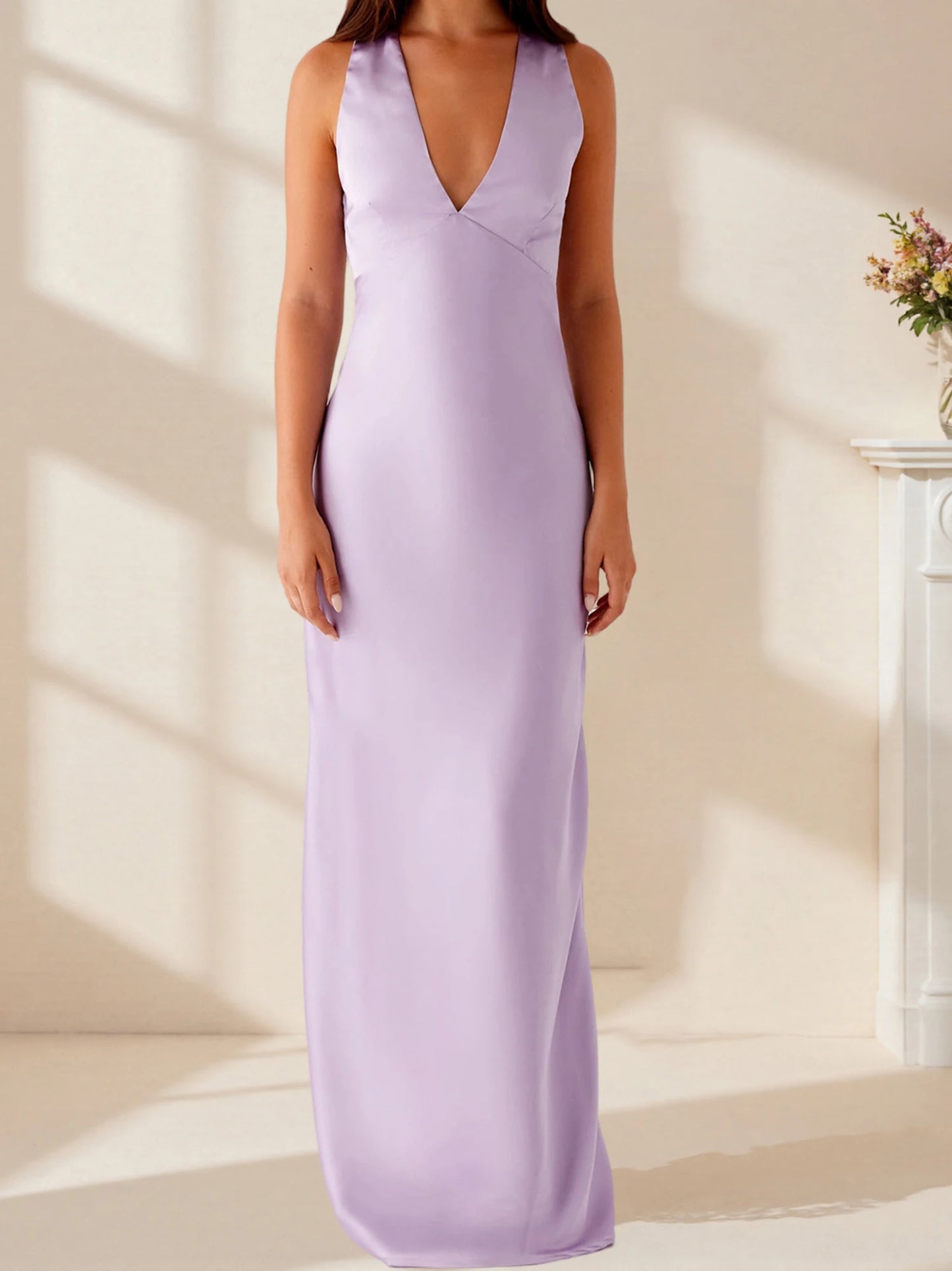 Women's Satin Halter Dress Solid Color Back Cross Elegant Slim Fit Dress for Party, Wedding