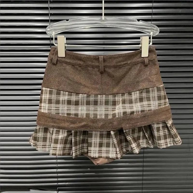 KUCLUT 2025 Autumn New Style Fashion Suit For Women Niche Patchwork Plaid Short Jacket mini Skirt Two-Piece Set Female 1A1237