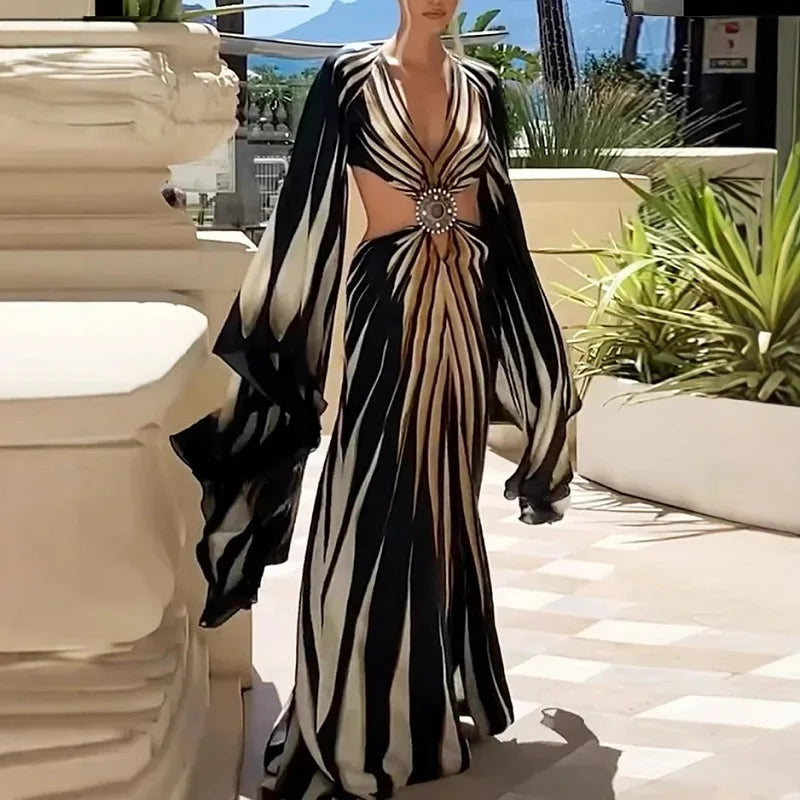 Striped Backless Split Maxi Dress