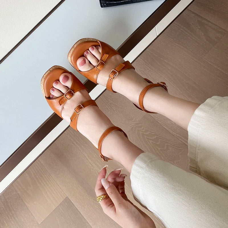 Elegant Apricot Buckle Platform Thick Heel Wedge Sandals for Women