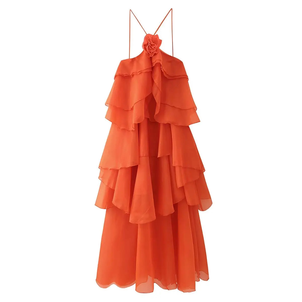 Backless 3D Flower Cascading Ruffle Halter Maxi Dress For Women