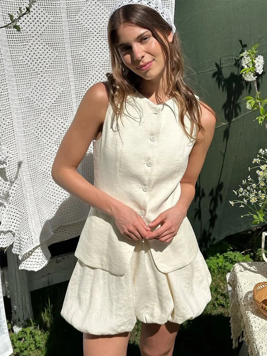 Casual Cotton Sleeveless Mini Skirt And Top Set for Women