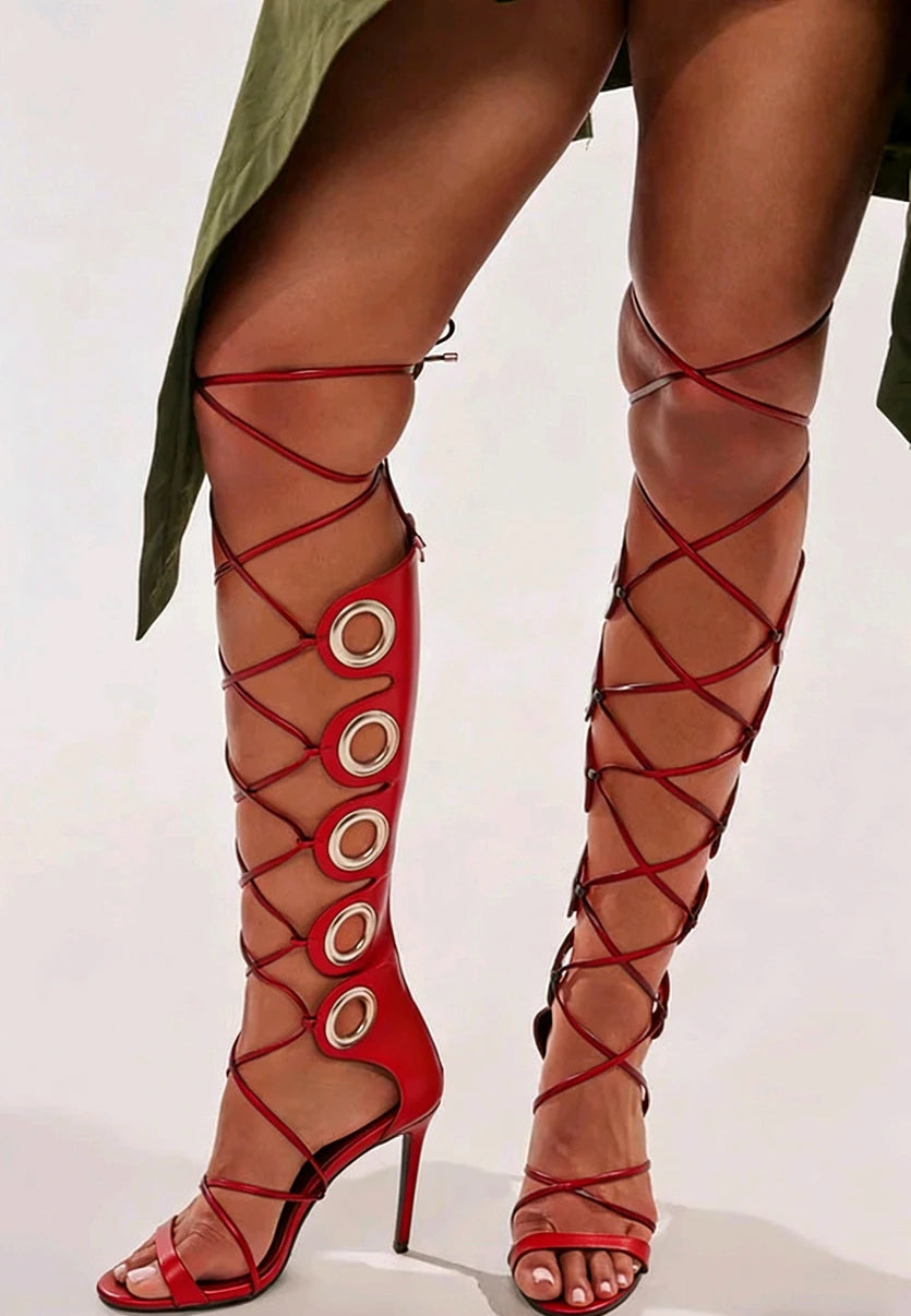 Versatile Casual High Heel Lace-Up Sandals with Circle Ring Decor Toe for Women