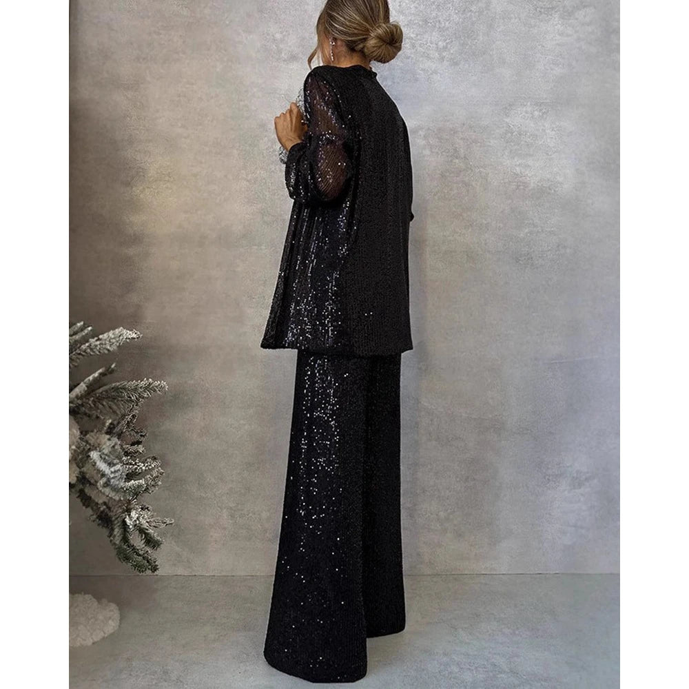All Over Sequins Long Sleeve Coat Top & Wide Leg Pants Set For Women Korean Style Femme Tow Pieces Set Elegant Wear