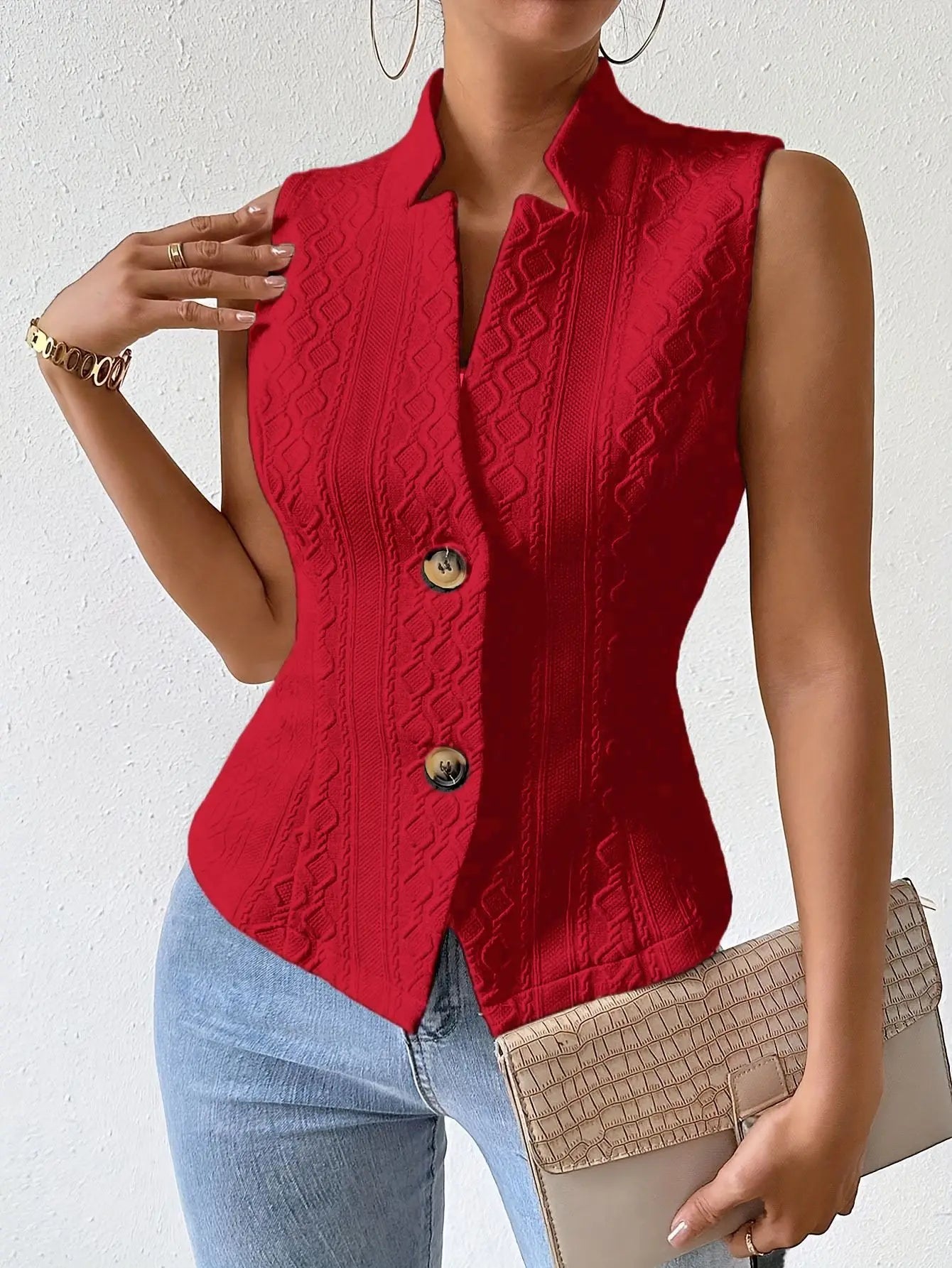 Solid Color Slim Fit Sleeveless Vest With Stand Up Collar for Women