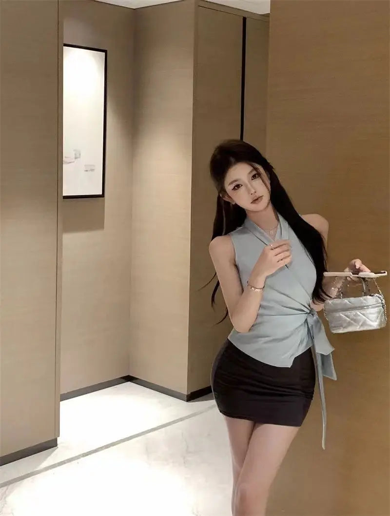 Solid V Neck Bandage Sleeveless Elegant Top for Women