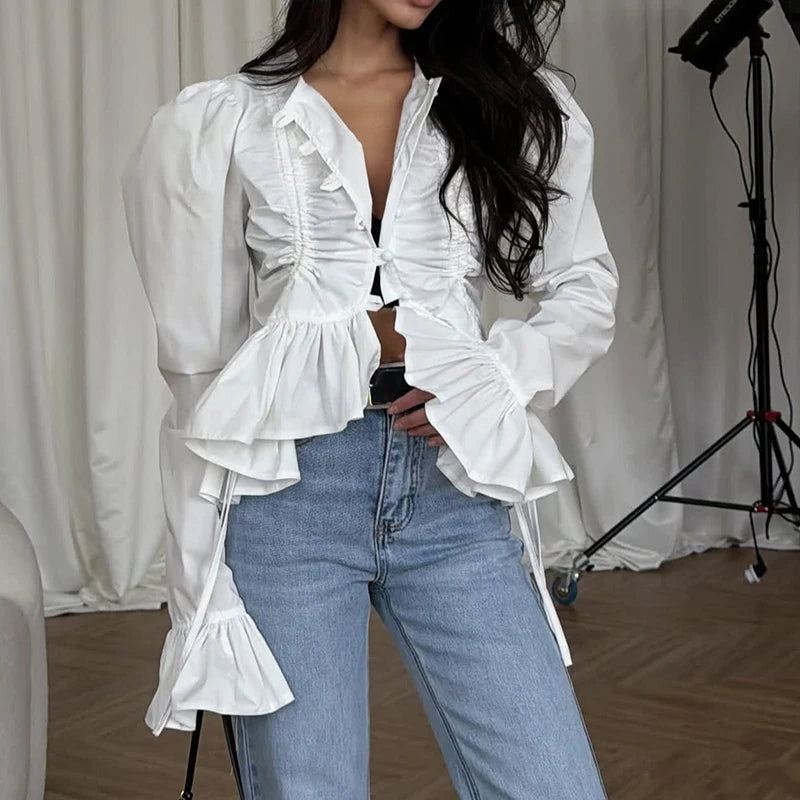 Casual Hollow Out Lace Tie Up Long Sleeve Blouse for Women