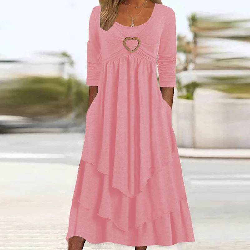 Long Sleeve Patchwork Midi Dress With Pockets for Women