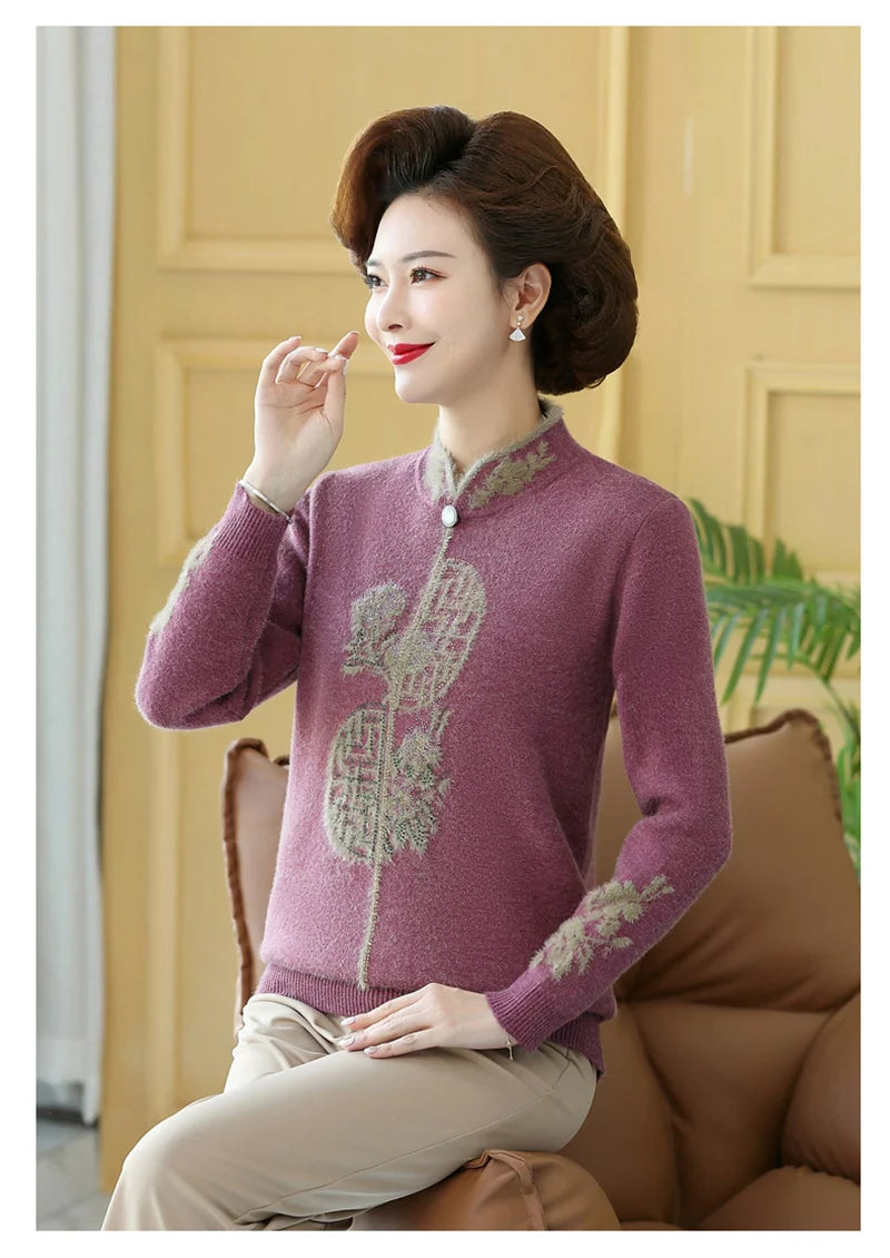 2025 Autumn New Mom's Velvet And Warm Knitted Embroidered Bottom Shirts Imitation Mink Fleece Winter Inner Plsh Thick Pullover