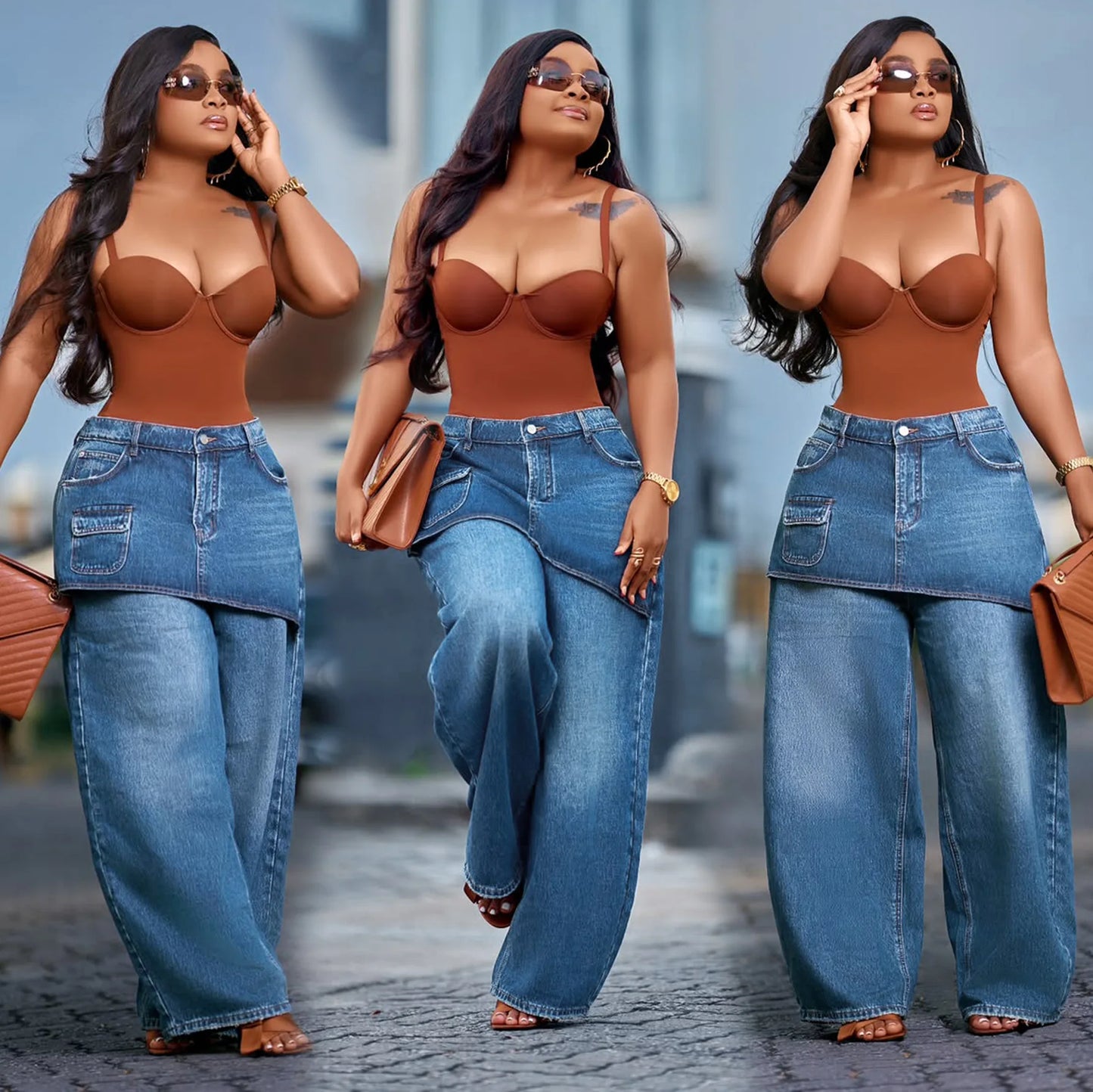 High Waisted Wide Leg Denim Jeans With Detachable Skirt For Women