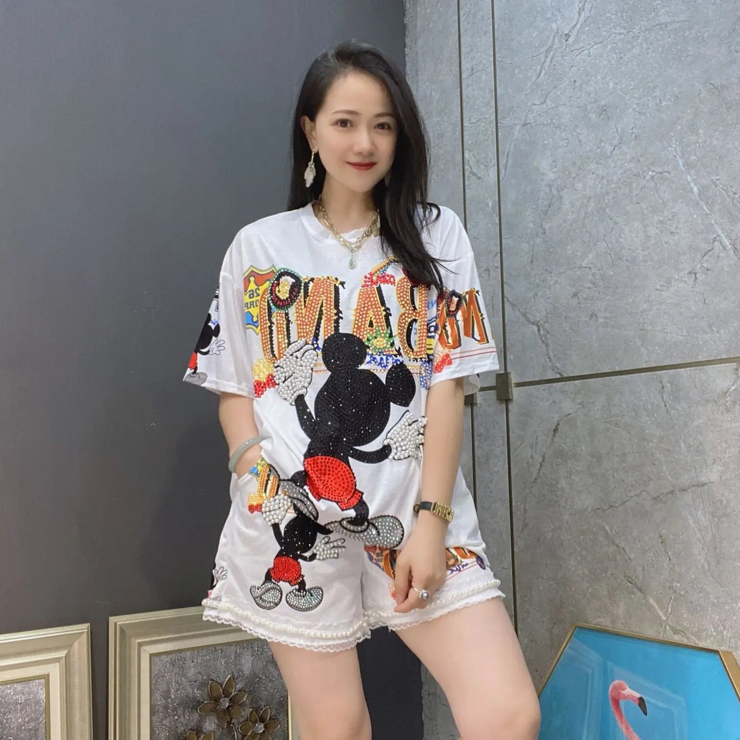 Heavy Industry Rhinestone Hot Fixed Short Sleeve T-shirt Summer New Casual Suit Top and Shorts 2 Piece Sets Womens Outfits