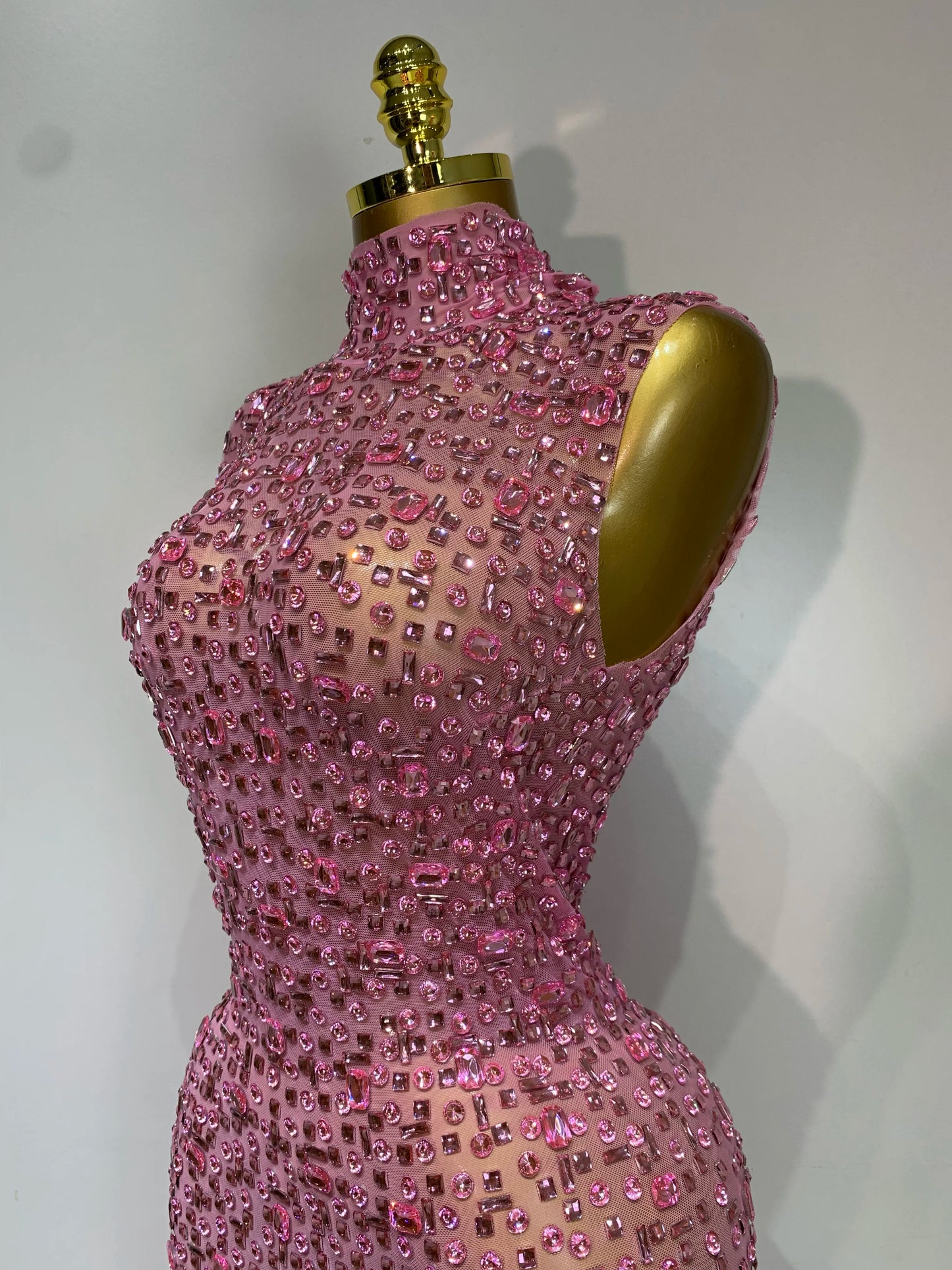 Sparkly Gold Rhinestone Sleeveless Stretch Long Dress Women Sexy Mesh Celebrate Evening Prom Birthday Dress Photo Shoot Wear