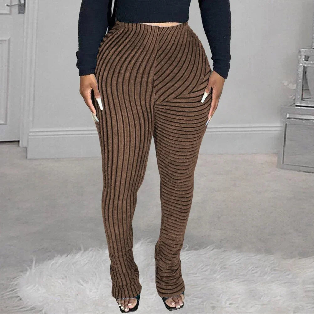 FAGADOER Stripe Plush Stacked Pants Women Casual Solid Color Fur Patchwork Flare Trousers Y2K Female Streetwear Bottoms 2025 New