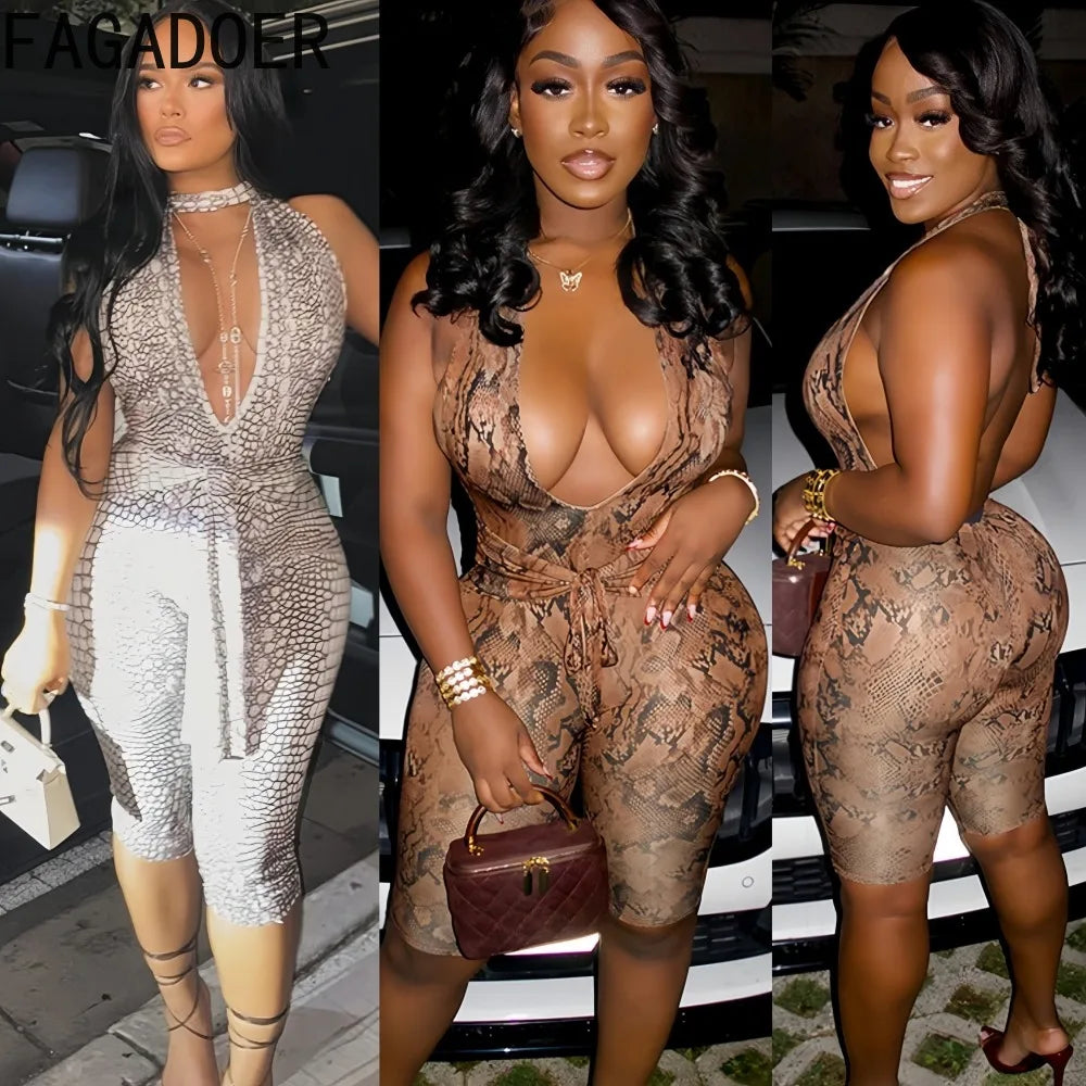Sexy Halter Backless Patchwork Python Print Bodycon Jumpsuit for Women