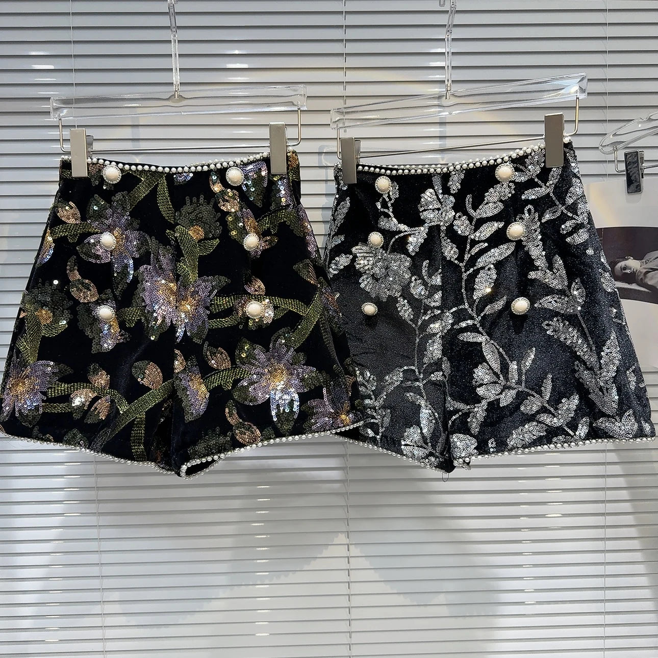 Sequined Embroidered Velvet Shorts
