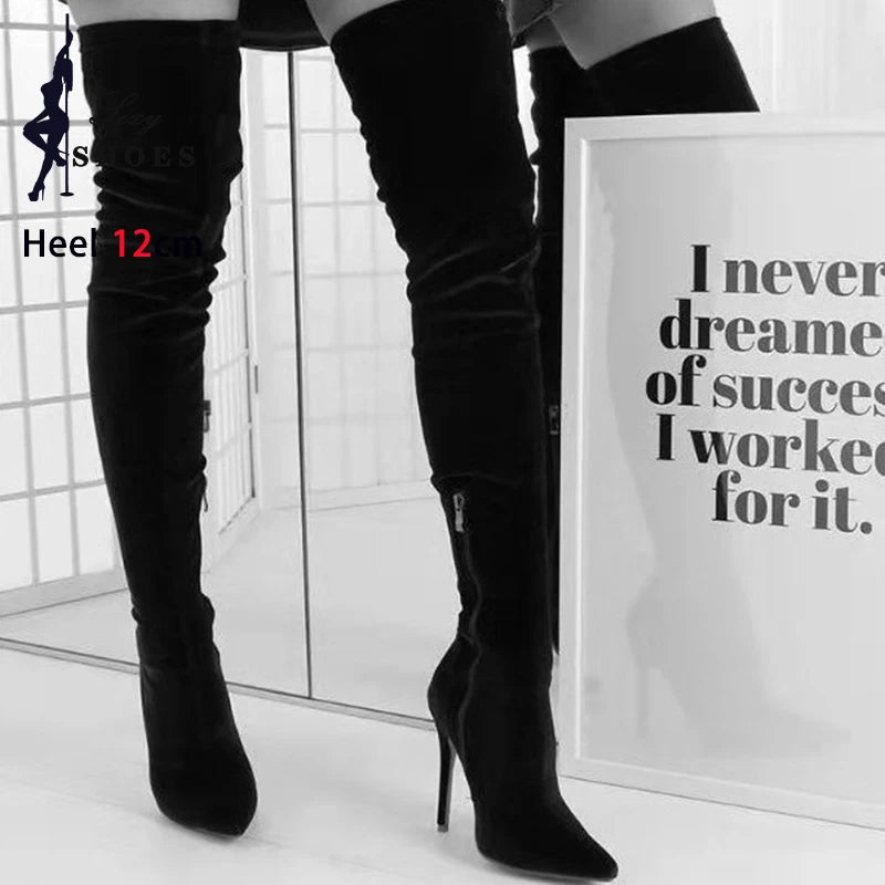 Velvet Pointed Toe Over The Knee Stiletto Boots for Women