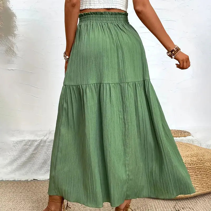 New Women Skirt Fashion Bohemian Midi Skirt High Waist Solid A Line Ruffle Skirt Casual Side Slit Beach Skirts 3 Colors Skort