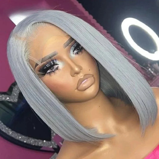 Silver Grey Straight Bob Human Hair Wigs Gray 13x4 Transparent Lace Front Short Bob Short Wigs Human Hair For Women Preplucked