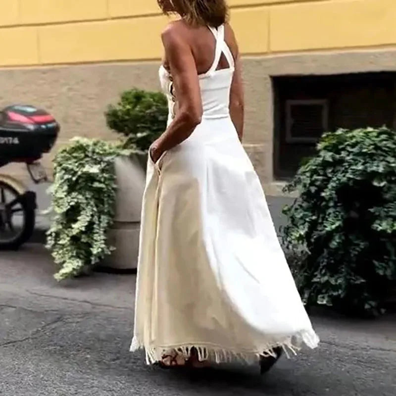 Fashion Square Collar Waist Slim Long Dress Women Casual Sleeveless Pocket Solid Party Dress Elegant Tassel Splicing Maxi Dress
