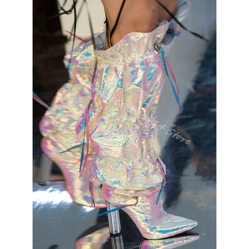 Silver Pleated Pointed Toe Boots With Clear Chunky Heels For Women