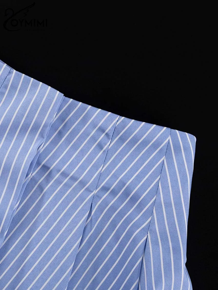 Oymimi Elegant Blue Striped Print Sets For Women 2 Pieces Fashion Long Sleeve Button Crop Tops And High Waist Pleated Skirts Set