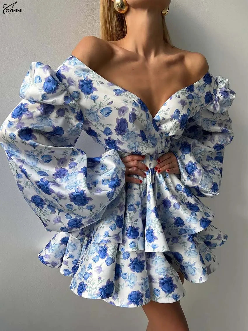 Oymimi Fashion Blue Print Womens Dresses Elegant V-Neck Long Sleeve Zipper Dresses Casual High Waist Pleated Mini Dress Female