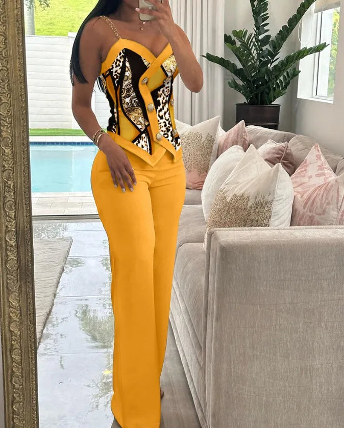 V-Neck Metal Suspender Top Two-Piece Set for Women