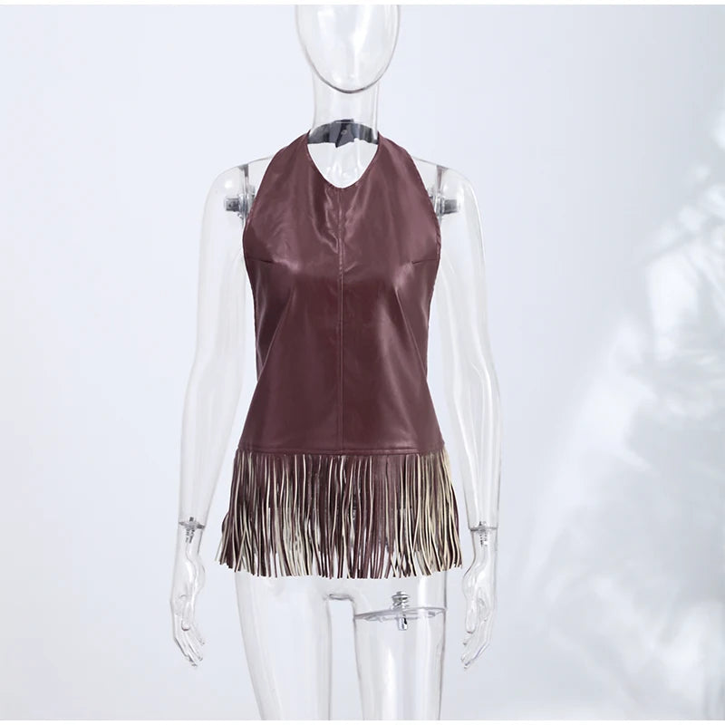 Faux Leather Patchwork Fringe Halter Top for Women