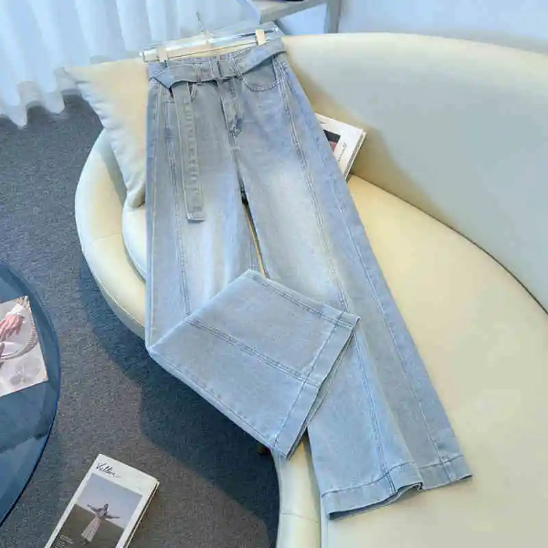 Fashion High Waist  Belt Jeans for Womrn Korean Versatile Loose Light Blue Denim Pants Retro Design Sense Wide Leg Trousers