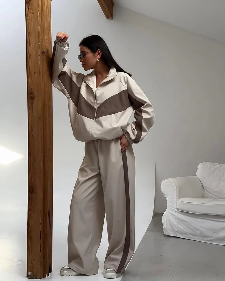 Casual Contrast Color Zipper Tracksuit Set for Women