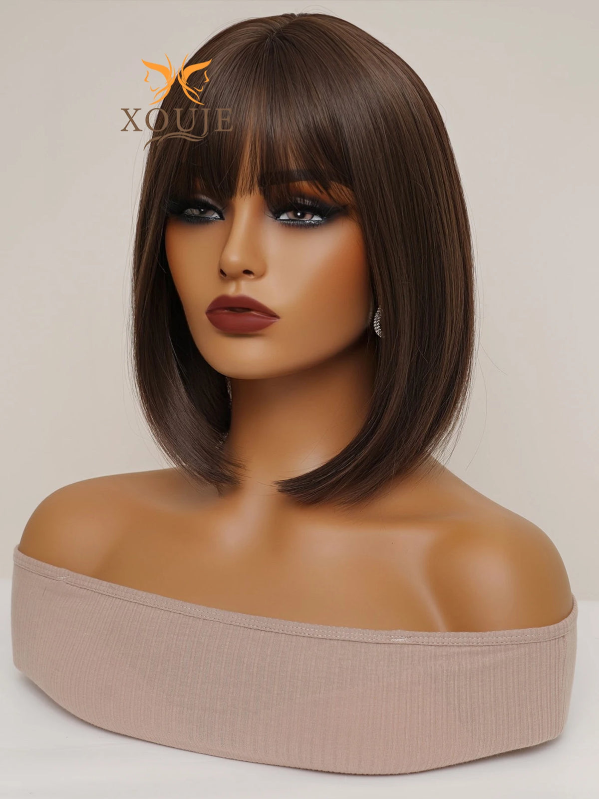 Natural Brown Straight Synthetic Wig With Bangs For Women