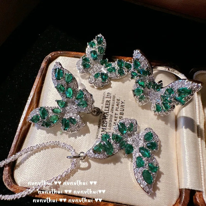 Green Zircon Butterfly Necklace, Ring, and Earring Set for Women