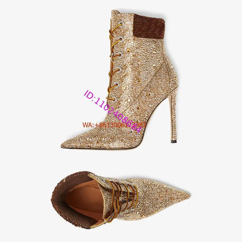 Design Women High Heel Champagne Gold Handmade Rhinestones Lace Up Ankle Boots Sexy Lady High Heel Pointy Crystal Short Boots