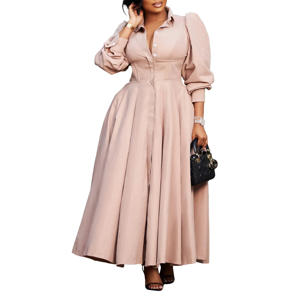 Plus Size V-Neck Long Sleeve Ankle-Length Dress for Women