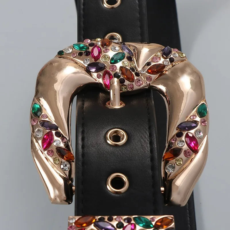 Elegant Rhinestone Wide Faux Leather Belt for Women