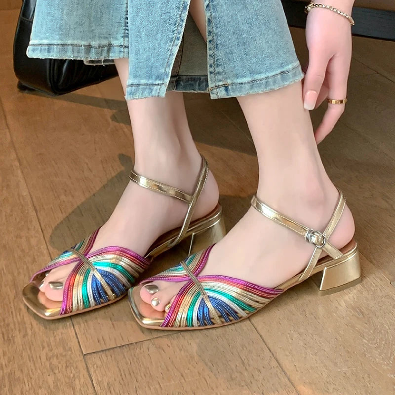 Leather Low Heel Peep Toe Sandals