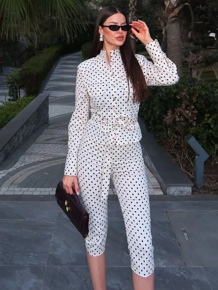 Polka Dot Shirt Jacket and Capri Pants Two Piece Set for Women