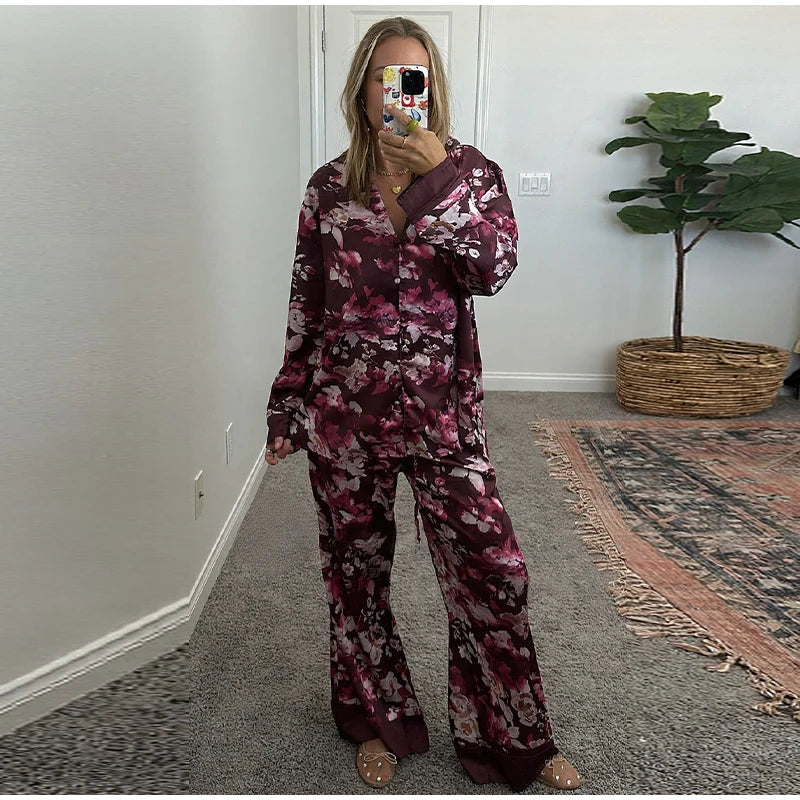 Casual Print Blouse and Wide Leg Pants Set for Women