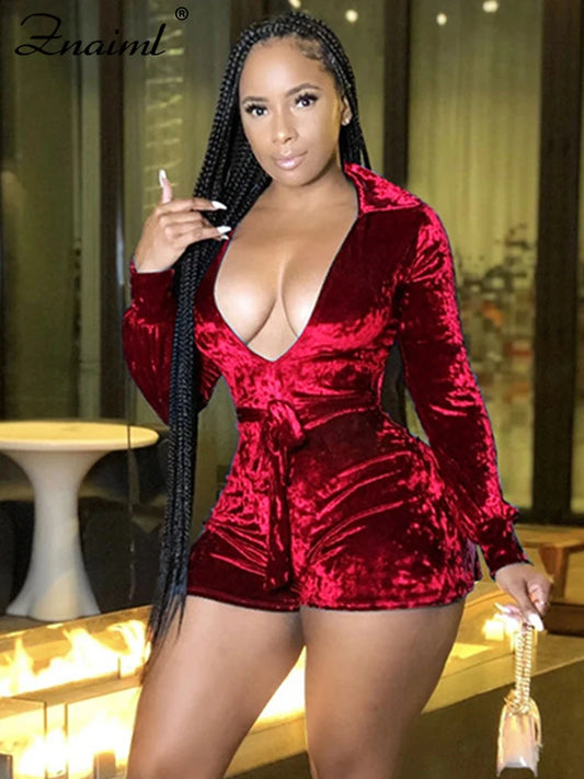 Znaiml Elegant Velvet Shorts Jumpsuit Women Clothing Solid Color Long Sleeve V-Neck Playsuits Sexy Nightclub Bodycon Romper New