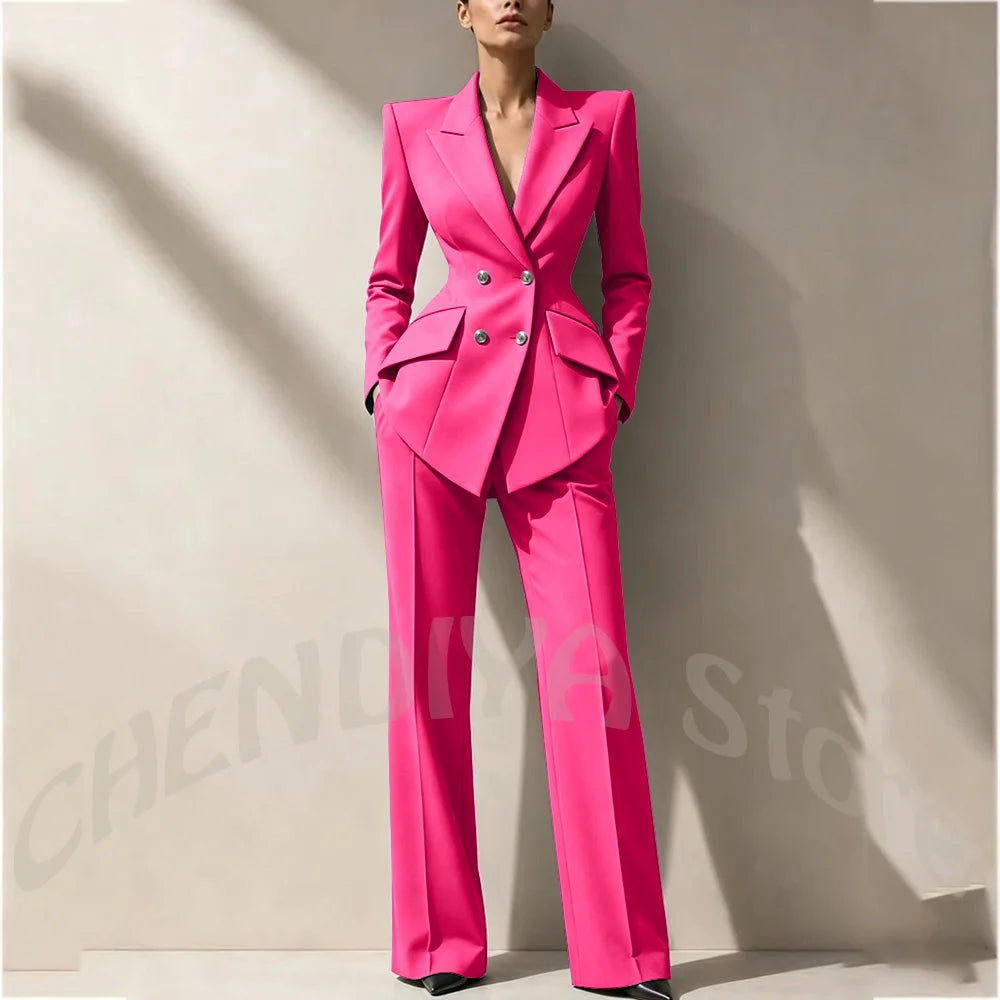 New Arrival Women's Two Piece Suit Peak Lapel Slim Fitted Classic Double Breasted Wedding Guest Evening Gala Party Female Set