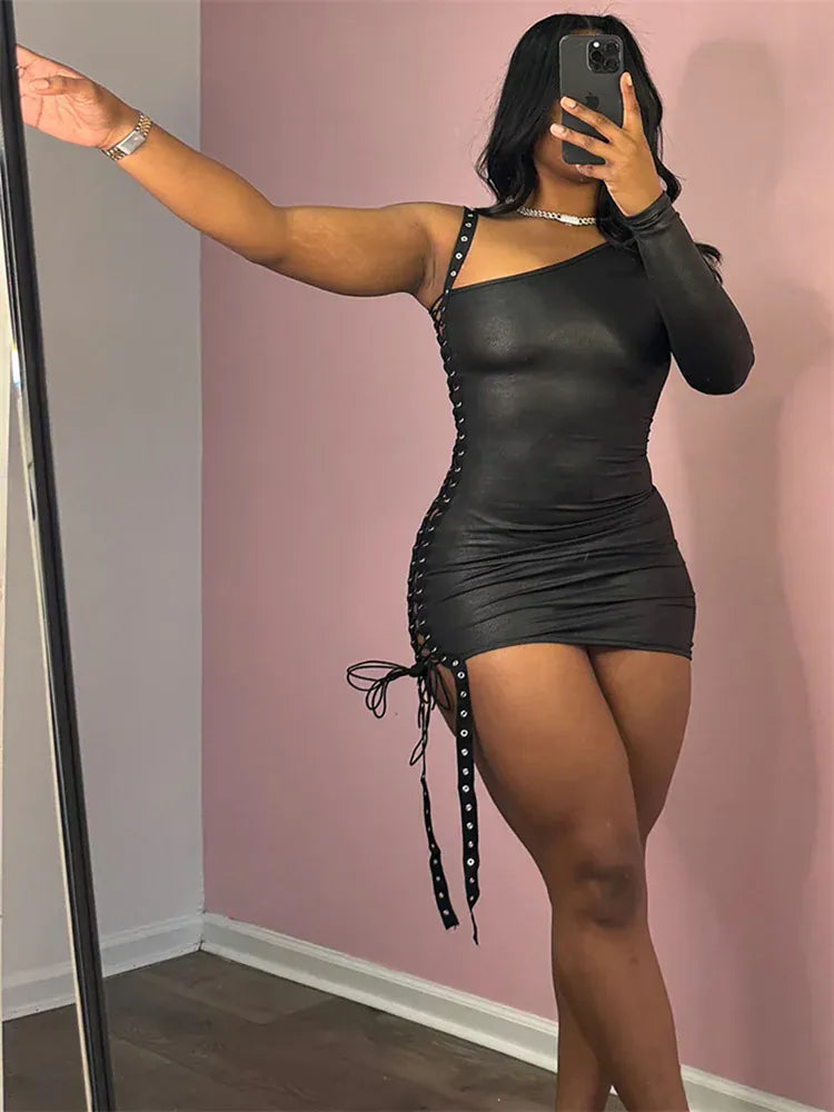 Weird Puss Bandage Hollow Dress Women Irregular Diagonal Collar Backless Single Sleeve Hot Girls Skinny Peach Hip Mini Bodycon